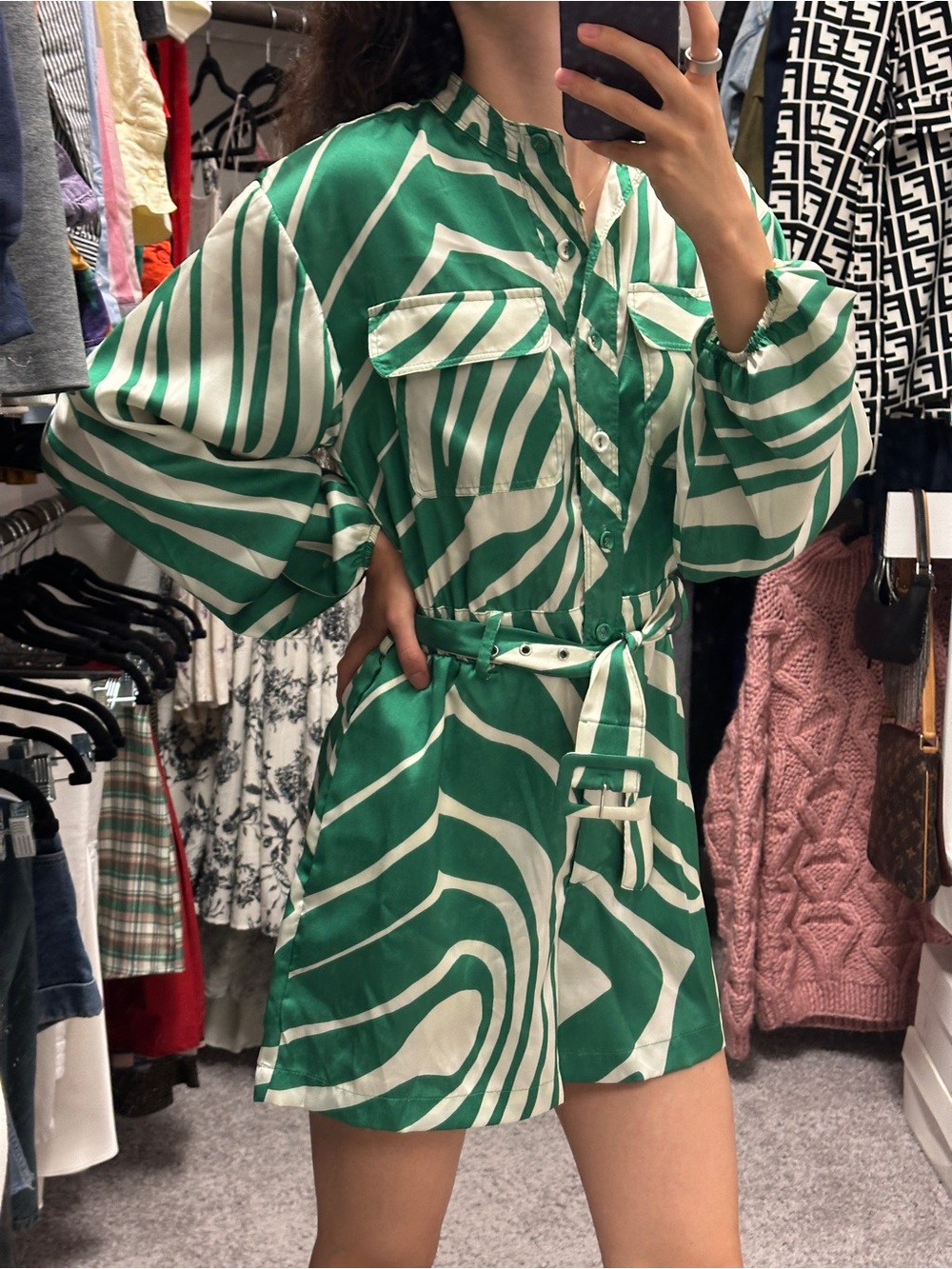 Mango Green and Cream Striped Button-Up Silk Jumpsuit